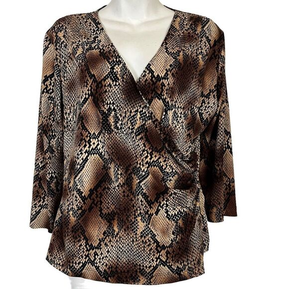 CHICO'S Brown Snakeskin Snake Reptile Print V-Neck Wrap Jersey Knit Top 1 / M - Picture 1 of 16